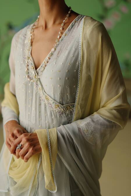 Buy_Label Nimbus_Blue Chanderi, Cotton, Silk, Chiffon Pearls, Embroidery, Hand Angarkha Pant Set _Online_at_Aza_Fashions