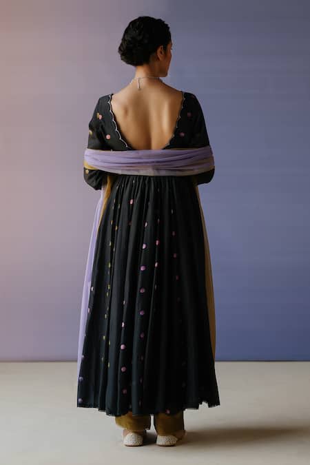 Shop Label Nimbus Black Anarkali Chanderi And Kota Cotton Hand Polka Print Pant Set at Aza Fashions Shop_Label Nimbus_Black Anarkali Chanderi And Kota Cotton Hand Polka Print Pant Set_at_Aza_Fashions