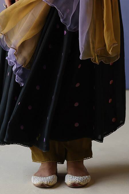 Label Nimbus Black Anarkali Chanderi And Kota Cotton Hand Polka Print Pant Set Online at Aza Fashions Label Nimbus_Black Anarkali Chanderi And Kota Cotton Hand Polka Print Pant Set_Online_at_Aza_Fashions