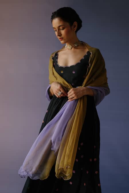 Buy Label Nimbus Black Anarkali Chanderi And Kota Cotton Hand Polka Print Pant Set Online at Aza Fashions Buy_Label Nimbus_Black Anarkali Chanderi And Kota Cotton Hand Polka Print Pant Set_Online_at_Aza_Fashions