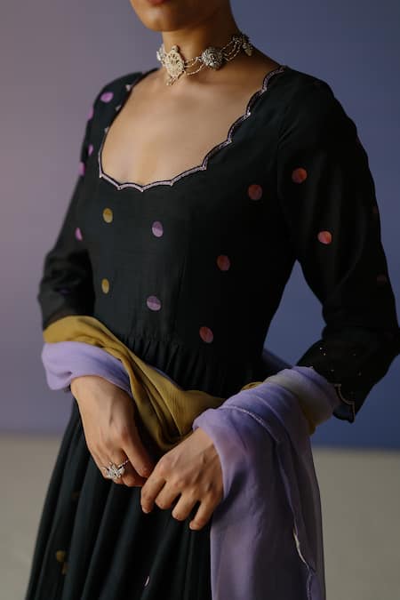 Label Nimbus Black Anarkali Chanderi And Kota Cotton Hand Polka Print Pant Set at Aza Fashions Label Nimbus_Black Anarkali Chanderi And Kota Cotton Hand Polka Print Pant Set_at_Aza_Fashions