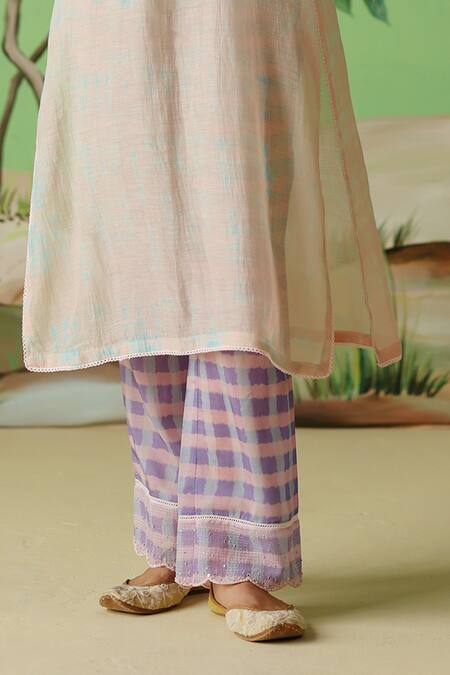 Label Nimbus_Pink Kurta Chanderi And Kota Cotton Hand Embroidered Tikki U Checks Print Set _Online_at_Aza_Fashions