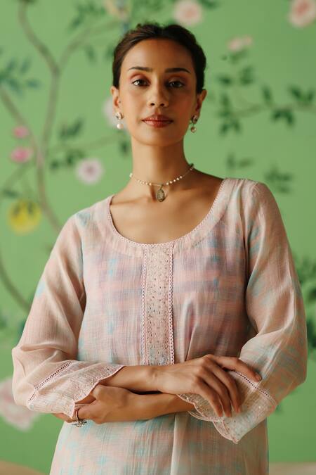 Buy_Label Nimbus_Pink Kurta Chanderi And Kota Cotton Hand Embroidered Tikki U Checks Print Set _Online_at_Aza_Fashions
