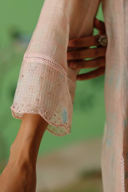 Shop_Label Nimbus_Pink Kurta Chanderi And Kota Cotton Hand Embroidered Tikki U Checks Print Set _Online_at_Aza_Fashions