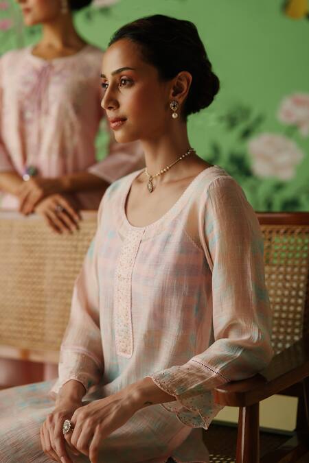 Label Nimbus_Pink Kurta Chanderi And Kota Cotton Hand Embroidered Tikki U Checks Print Set _at_Aza_Fashions