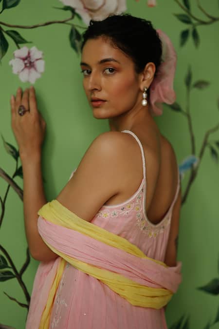 Label Nimbus_Pink , Satin, Silk Sequins, Embroidery, Hand Anarkali Pant Set _at_Aza_Fashions