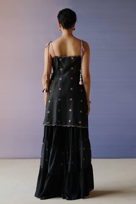 Shop Label Nimbus Black , Silk, Chiffon, Satin Polka Print Kurta Sharara Set at Aza Fashions Shop_Label Nimbus_Black , Silk, Chiffon, Satin Polka Print Kurta Sharara Set_at_Aza_Fashions