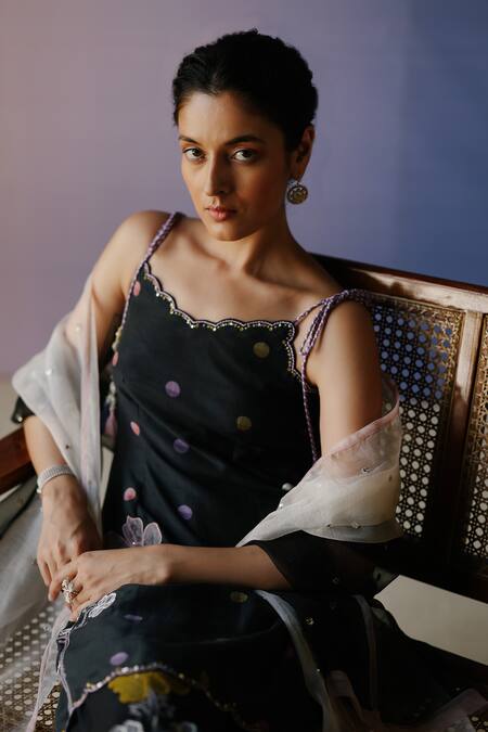 Shop Label Nimbus Black , Silk, Chiffon, Satin Polka Print Kurta Sharara Set Online at Aza Fashions Shop_Label Nimbus_Black , Silk, Chiffon, Satin Polka Print Kurta Sharara Set_Online_at_Aza_Fashions
