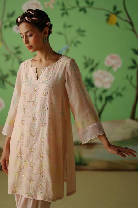 Shop_Label Nimbus_Peach Kurta Chanderi Hand Embroidered Sequins Notched A-line With Pant _Online_at_Aza_Fashions