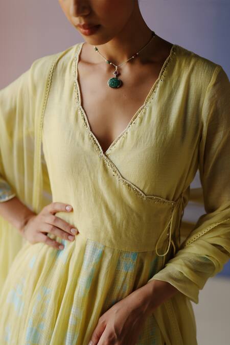 Label Nimbus_Yellow Chanderi, Kota Doria, Cotton, Hand Painted Tie Dye Angarkha Pant Set _Online_at_Aza_Fashions