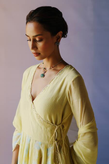 Buy_Label Nimbus_Yellow Chanderi, Kota Doria, Cotton, Hand Painted Tie Dye Angarkha Pant Set _Online_at_Aza_Fashions