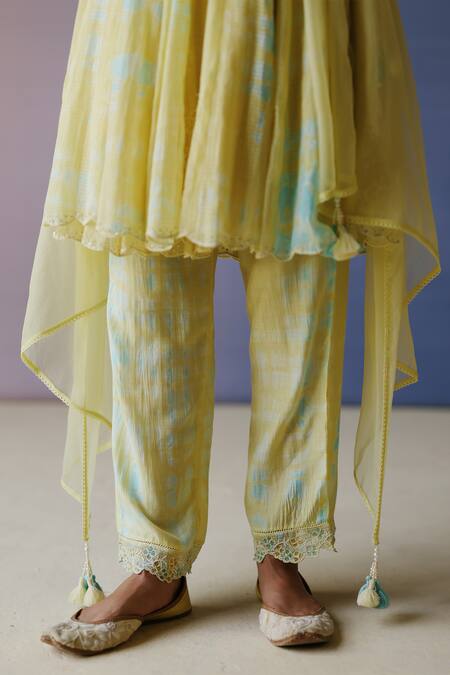 Shop_Label Nimbus_Yellow Chanderi, Kota Doria, Cotton, Hand Painted Tie Dye Angarkha Pant Set _Online_at_Aza_Fashions