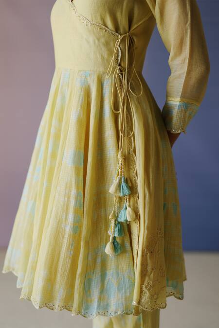 Label Nimbus_Yellow Chanderi, Kota Doria, Cotton, Hand Painted Tie Dye Angarkha Pant Set _at_Aza_Fashions