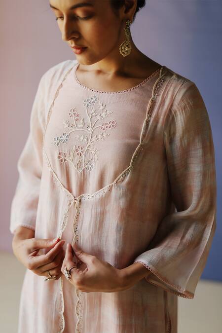 Label Nimbus_Pink Chanderi, Chiffon, Cotton Satin, Cotton, Silk Hand Tie Dye Anarkali Set _at_Aza_Fashions