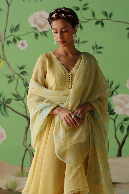 Label Nimbus_Yellow Chanderi, Kota Doria, Cotton, Silk Hand Handkerchief Anarkali Set _Online_at_Aza_Fashions