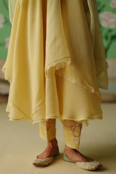 Buy_Label Nimbus_Yellow Chanderi, Kota Doria, Cotton, Silk Hand Handkerchief Anarkali Set _Online_at_Aza_Fashions