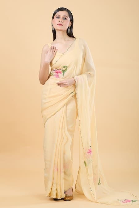 Samyukta Singhania_Yellow Organza Beads, Sequins Asymmetric Lily Handpainted Saree With Blouse _Online_at_Aza_Fashions