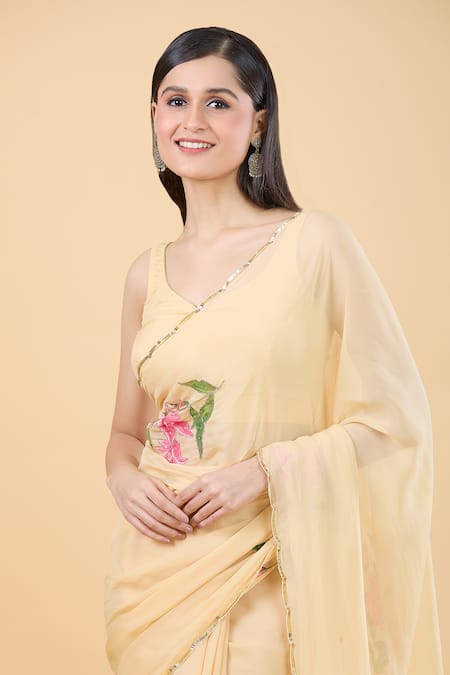 Buy_Samyukta Singhania_Yellow Organza Beads, Sequins Asymmetric Lily Handpainted Saree With Blouse _Online_at_Aza_Fashions