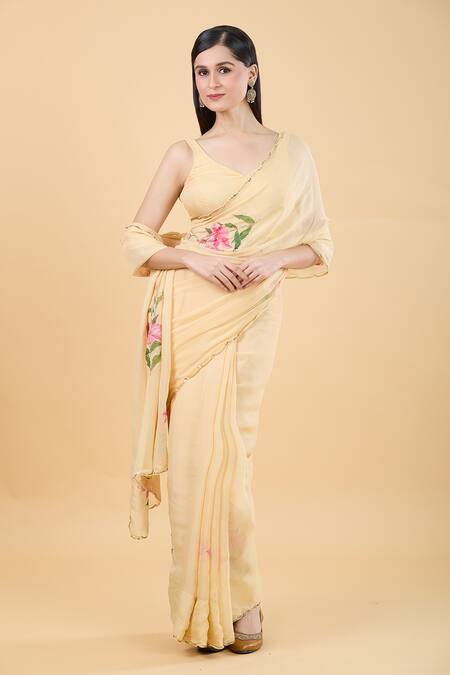 Shop_Samyukta Singhania_Yellow Organza Beads, Sequins Asymmetric Lily Handpainted Saree With Blouse _Online_at_Aza_Fashions