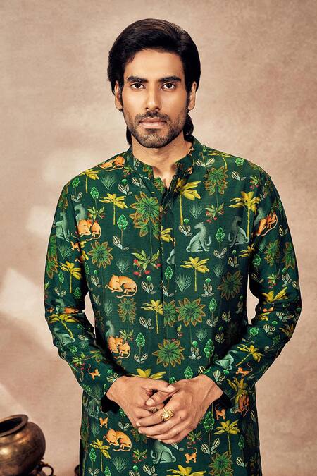 Shop Masaba Green Silk Rhapsody Tropical Print Kurta And Pant Set Online at Aza Fashions Shop_Masaba_Green Silk Rhapsody Tropical Print Kurta And Pant Set_Online_at_Aza_Fashions