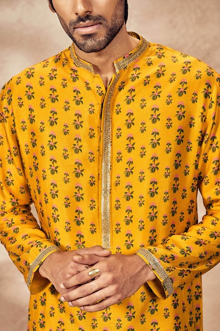 Shop Masaba Yellow Silk Embroidery Raw Pixie Dust Print Kurta Online at Aza Fashions Shop_Masaba_Yellow Silk Embroidery Raw Pixie Dust Print Kurta_Online_at_Aza_Fashions