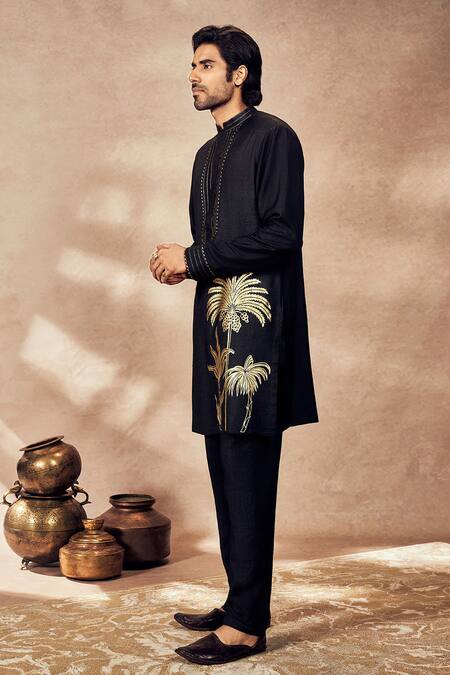 Masaba_Black Tussar Embroidery Silk Palm Bloom Print Kurta_Online_at_Aza_Fashions