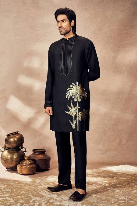 Buy_Masaba_Black Tussar Embroidery Silk Palm Bloom Print Kurta