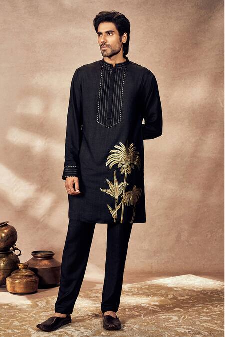 Masaba_Black Tussar, Silk Embroidery Palm Bloom Print Kurta And Pant Set_Online_at_Aza_Fashions