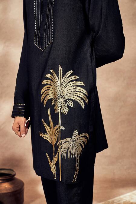 Shop_Masaba_Black Tussar, Silk Embroidery Palm Bloom Print Kurta And Pant Set_Online_at_Aza_Fashions