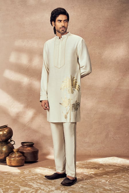 Masaba Ivory Tussar Silk Printed Palm Bloom Straight Kurta And Pant Set 