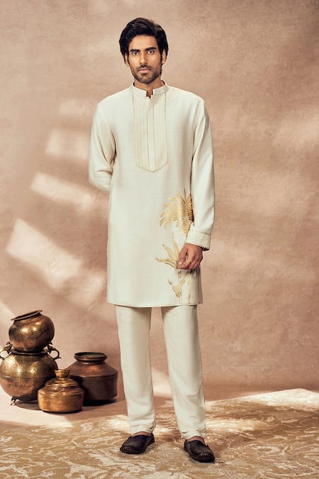 Masaba_Ivory Tussar, Silk Embroidery Palm Bloom Print Straight Kurta And Pant Set_Online_at_Aza_Fashions