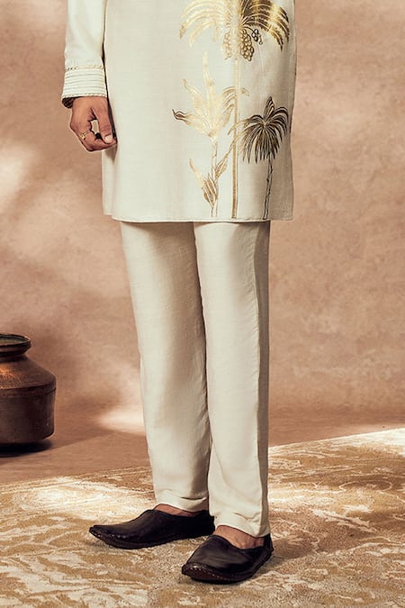 Buy_Masaba_Ivory Tussar, Silk Embroidery Palm Bloom Print Straight Kurta And Pant Set_Online_at_Aza_Fashions