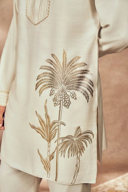 Shop_Masaba_Ivory Tussar, Silk Embroidery Palm Bloom Print Straight Kurta And Pant Set_Online_at_Aza_Fashions