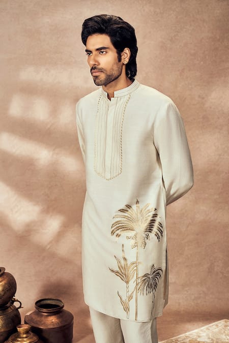 Masaba_Ivory Tussar, Silk Embroidery Palm Bloom Print Straight Kurta And Pant Set_at_Aza_Fashions