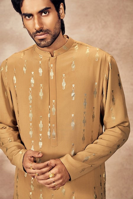Masaba_Beige Crepe, Silk Foil Printing Tribal Pillar Kurta_Online_at_Aza_Fashions