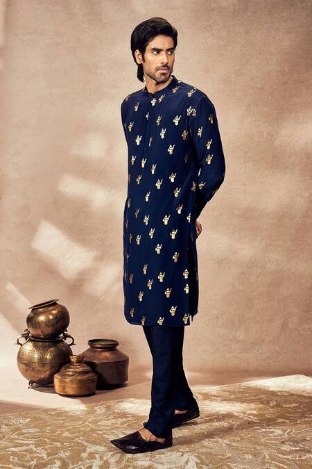 Masaba_Blue Crepe, Silk Embroidery Ganesha Foil Print Kurta_Online_at_Aza_Fashions