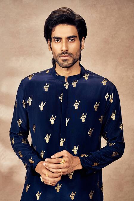 Buy_Masaba_Blue Crepe, Silk Embroidery Ganesha Foil Print Kurta_Online_at_Aza_Fashions