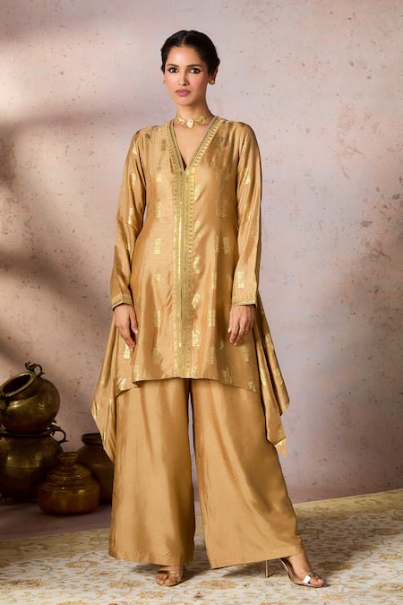 Masaba Beige Raw Silk Foil Print Sequin Timber Tribe Asymmetric Tunic With Flared Pant 