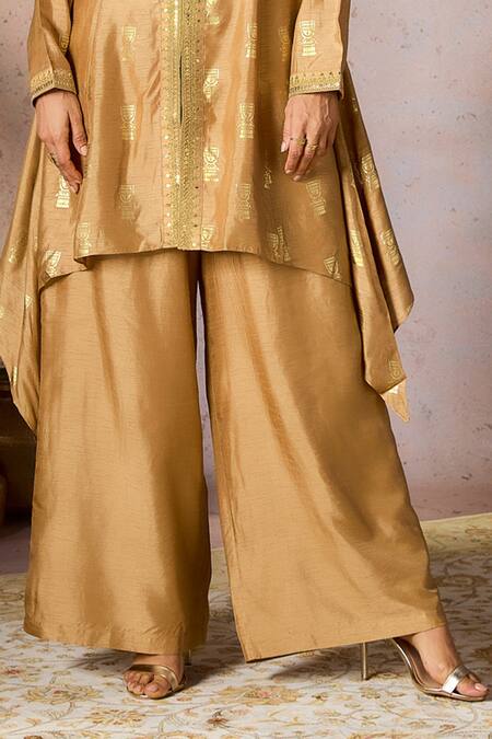 Masaba Beige Silk Sequins, Foil Timber Tribe Printed Asymmetric Tunic With Flared Pant Online at Aza Fashions Masaba_Beige Silk Sequins, Foil Timber Tribe Printed Asymmetric Tunic With Flared Pant_Online_at_Aza_Fashions