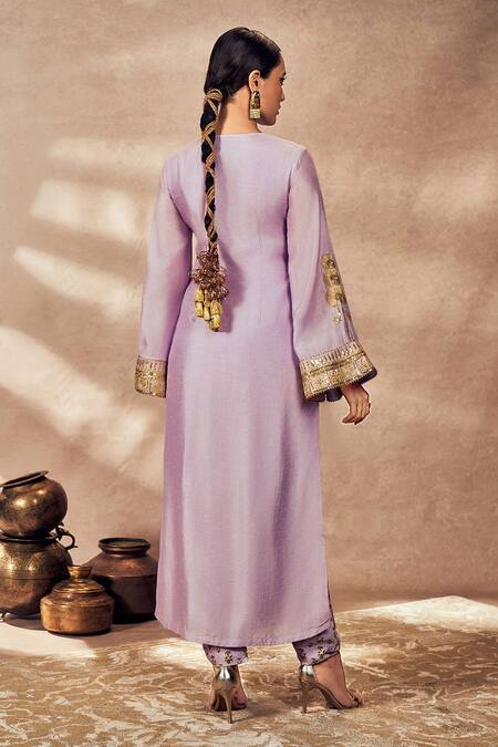 Shop Masaba Purple Silk Sequins V-neck Pixie Dust Embroidered Border Tunic With Printed Pant at Aza Fashions Shop_Masaba_Purple Silk Sequins V-neck Pixie Dust Embroidered Border Tunic With Printed Pant_at_Aza_Fashions