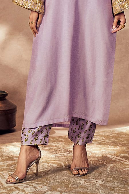 Masaba Purple Silk Sequins V-neck Pixie Dust Embroidered Border Tunic With Printed Pant Online at Aza Fashions Masaba_Purple Silk Sequins V-neck Pixie Dust Embroidered Border Tunic With Printed Pant_Online_at_Aza_Fashions