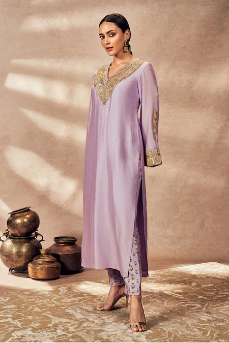 Buy Masaba Purple Silk Sequins V-neck Pixie Dust Embroidered Border Tunic With Printed Pant Online at Aza Fashions Buy_Masaba_Purple Silk Sequins V-neck Pixie Dust Embroidered Border Tunic With Printed Pant_Online_at_Aza_Fashions