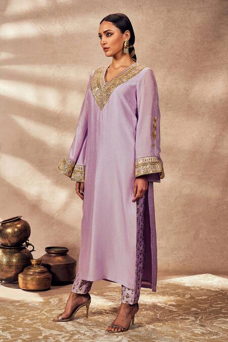 Shop Masaba Purple Silk Sequins V-neck Pixie Dust Embroidered Border Tunic With Printed Pant Online at Aza Fashions Shop_Masaba_Purple Silk Sequins V-neck Pixie Dust Embroidered Border Tunic With Printed Pant_Online_at_Aza_Fashions