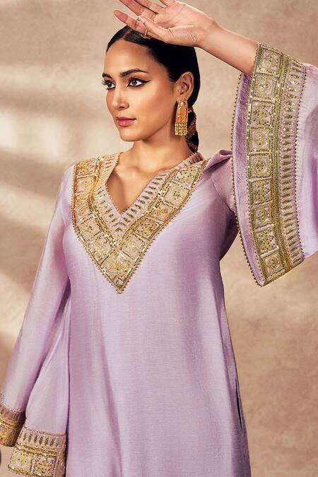 Masaba Purple Silk Sequins V-neck Pixie Dust Embroidered Border Tunic With Printed Pant at Aza Fashions Masaba_Purple Silk Sequins V-neck Pixie Dust Embroidered Border Tunic With Printed Pant_at_Aza_Fashions