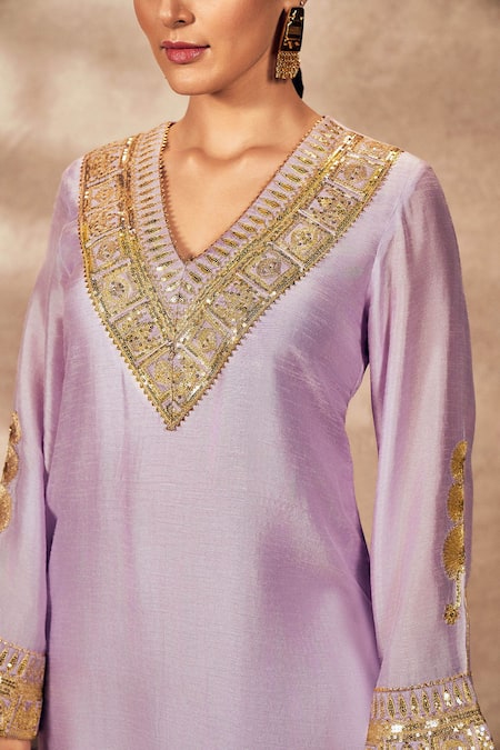 Buy Masaba Purple Silk Sequins V-neck Pixie Dust Embroidered Border Tunic With Printed Pant Buy_Masaba_Purple Silk Sequins V-neck Pixie Dust Embroidered Border Tunic With Printed Pant