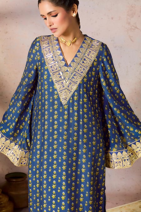 Masaba Blue Silk Embroidery, Sequins V-neck Pixie Dust Print Tunic With Border Pant at Aza Fashions Masaba_Blue Silk Embroidery, Sequins V-neck Pixie Dust Print Tunic With Border Pant _at_Aza_Fashions