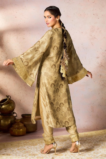 Shop_Masaba_Beige Silk Embroidery V-neck Midnight Maze Print Tunic With Pant _at_Aza_Fashions