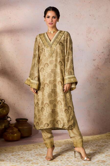 Masaba_Beige Silk Embroidery V-neck Midnight Maze Print Tunic With Pant _Online_at_Aza_Fashions