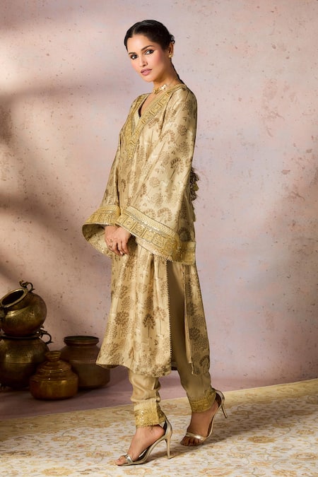 Shop_Masaba_Beige Silk Embroidery V-neck Midnight Maze Print Tunic With Pant _Online_at_Aza_Fashions
