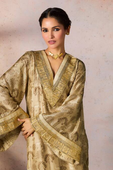 Masaba_Beige Silk Embroidery V-neck Midnight Maze Print Tunic With Pant _at_Aza_Fashions